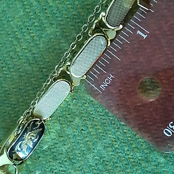 Vintage Damascene Panel Bracelet w/24K Gold Inlay Bird & Floral - Picture 7 of 8